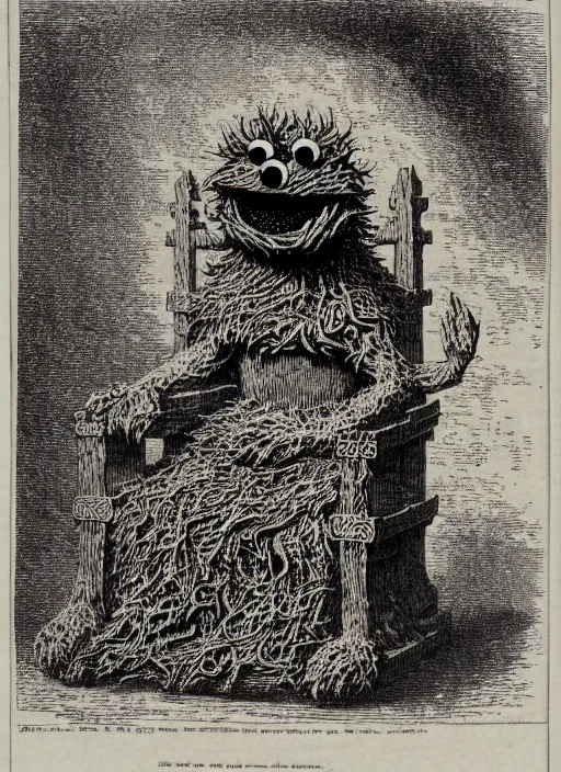 Image similar to cookie monster sits on a throne made of cookies, demon from the dictionarre infernal, etching by louis le breton, 1 8 6 9, 1 2 0 0 dpi scan, ultrasharp detail, clean scan