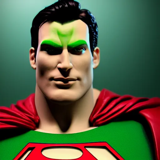 Prompt: still photo of green superman, highly detailed, photorealistic portrait, bright studio setting, studio lighting, crisp quality and light reflections, unreal engine 5 quality render