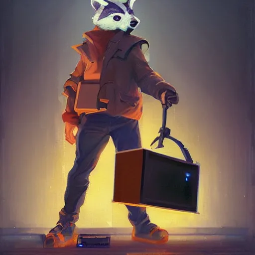 Prompt: greg manchess painting of a trash panda character, holding a box of cables and standing next to old electronic equiptment, medium shot, asymmetrical, profile picture, organic painting, night time, dark, neon lights, matte painting, bold shapes, hard edges, street art, trending on artstation, by huang guangjian and gil elvgren and sachin teng