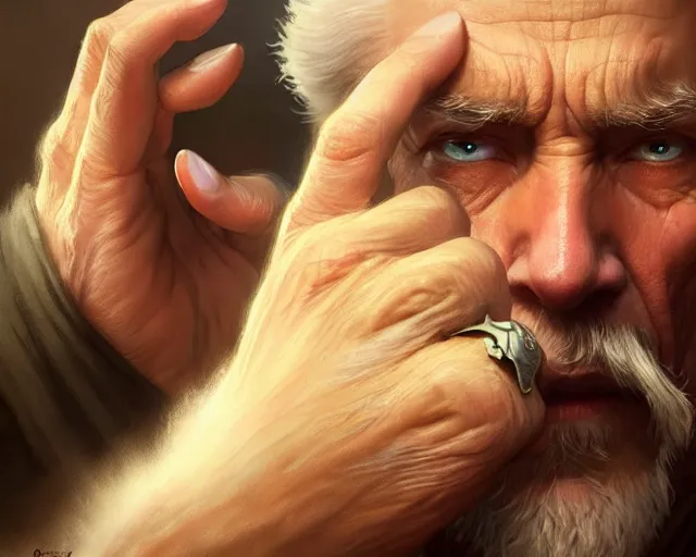 Prompt: old man with a ring on each finger, deep focus, d & d, fantasy, intricate, elegant, highly detailed, digital painting, artstation, concept art, matte, sharp focus, illustration, hearthstone, art by artgerm and greg rutkowski and alphonse mucha