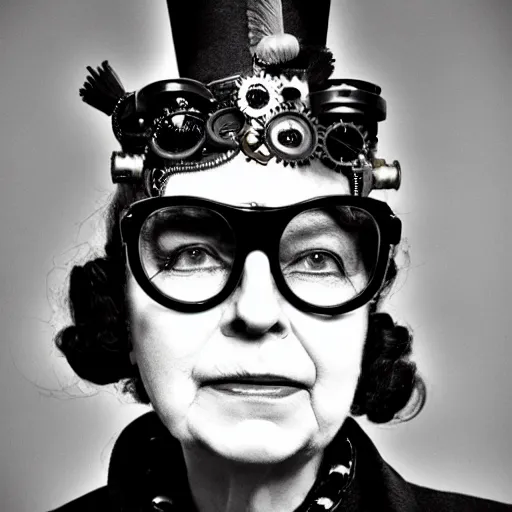 Prompt: the queen wearing steampunk glasses, photo by gustave baumann