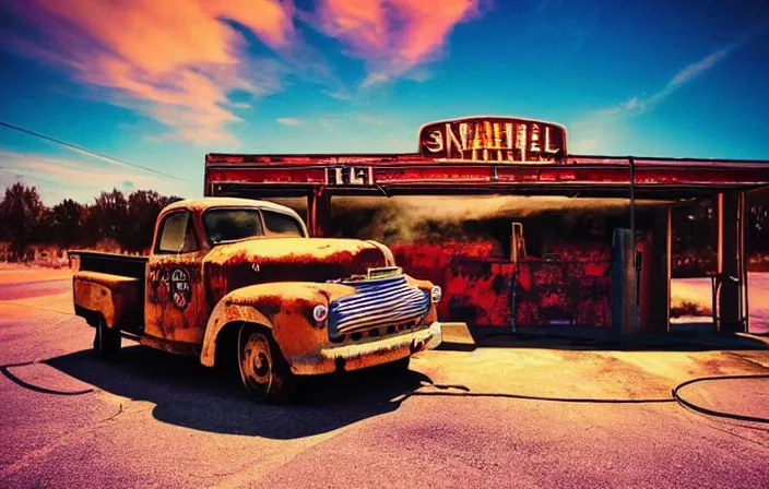 Image similar to a sunset light landscape with historical route 6 6, lots of sparkling details and sun ray ’ s, blinding backlight, smoke, volumetric lighting, colorful, octane, 3 5 mm, abandoned gas station, old rusty pickup - truck, beautiful epic colored reflections, very colorful heavenly, softlight