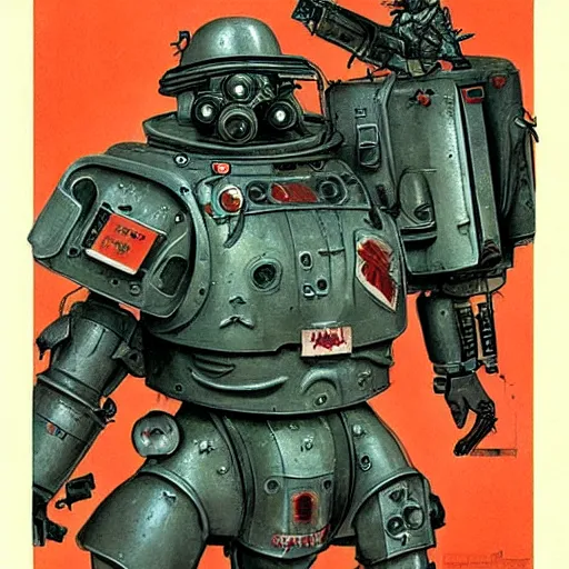 Image similar to Soviet mechs in the style of Norman Rockwell, sci-fi illustrations, highly detailed, award-winning, patriotic, soviet, ussr, dark, gritty, ink