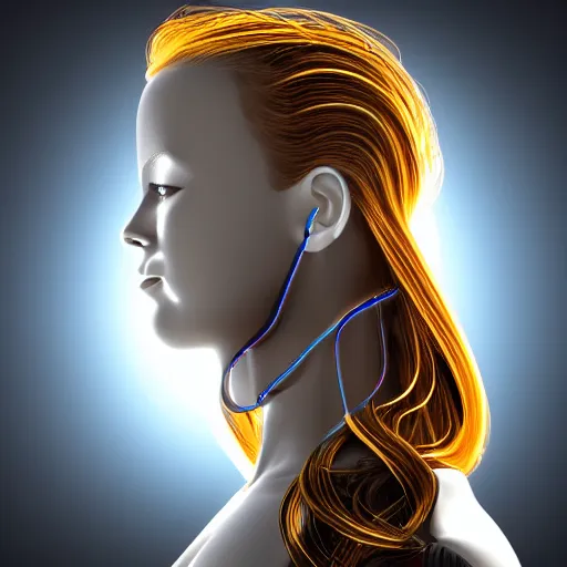 Prompt: sideview portrait of a robotic woman with wild, flowing audio cables for hair. visualized soundwaves pulsate in the background. 3 d illustration, lens flare, glows.