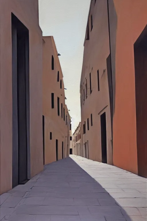 Prompt: deserted street in colonia El Viso, Madrid, realist painting by María Moreno, 1981