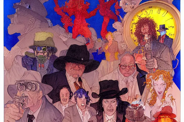 Image similar to a hyperrealist watercolour character concept art portrait of science fiction move poster, multiple characters, well lit night in las vegas, nevada. by rebecca guay, michael kaluta, charles vess and jean moebius giraud