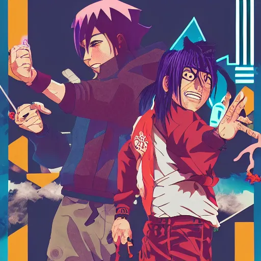 Prompt: Carti and Lil Uzi Vert in Naruto Universe, Ninja Scrolls, Geometric 3d shapes, Gang, Pistol, Blood, red smoke, by Sachin Teng, Trending on artstation