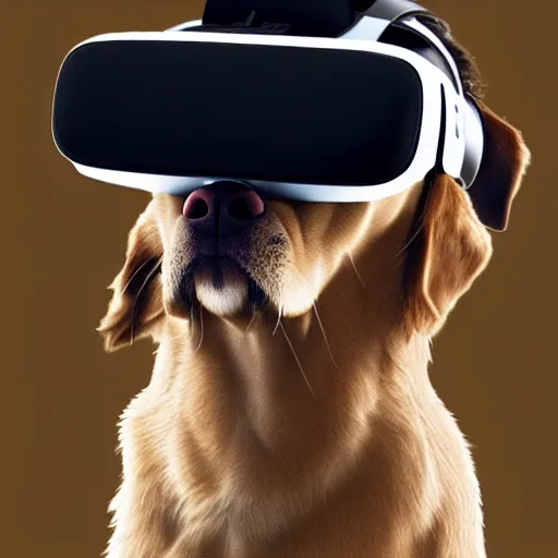 Image similar to dog with a vr headset, 8k, cute, trending on artstation