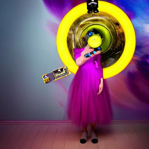 Image similar to A painting. A rip in spacetime. Did this device in her hand open a portal to another dimension or reality?! deep yellow by Rachel Maclean, by Carl Holsoe Sigma 85mm f/1.4