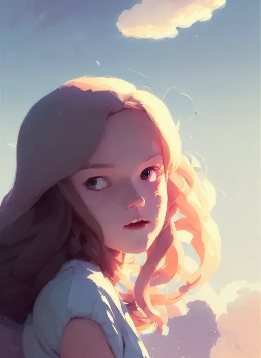 Image similar to portrait of cute maiden girl cowered, cloud sky background, by atey ghailan, by greg rutkowski, by greg tocchini, by james gilleard, by joe gb fenton, by kaethe butcher, dynamic lighting, gradient light blue, brown, blonde cream and white color in scheme, grunge aesthetic