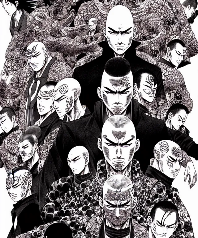 Image similar to A manga cover about a shaved-headed scarred yakuza. Sharp high quality manga, fine details, straight lines, solo, architecture in the background, masterpiece, highly detailed drawing by Hirohiko Araki, Tsutomu Nihei, Akatsuki Akira, Kentaro Miura