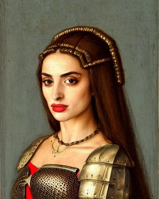 Image similar to medieval portrait of stunning ana de armas, dressed as an armored knight, perfect face, in the style of eugene de blaas