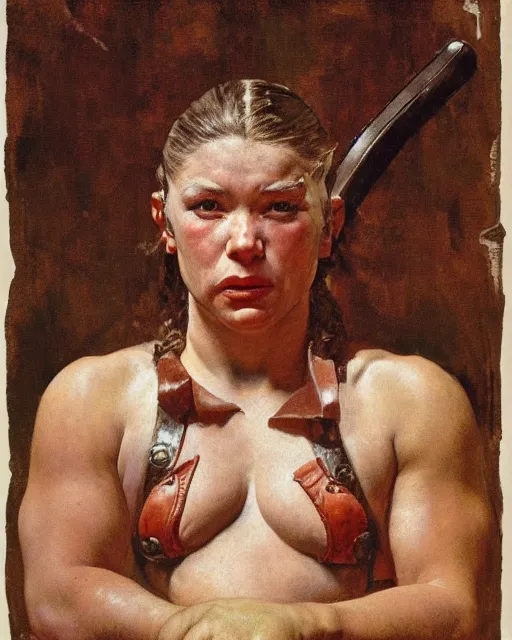 Image similar to portrait of a savage muscular barbarian female, by norman rockwell