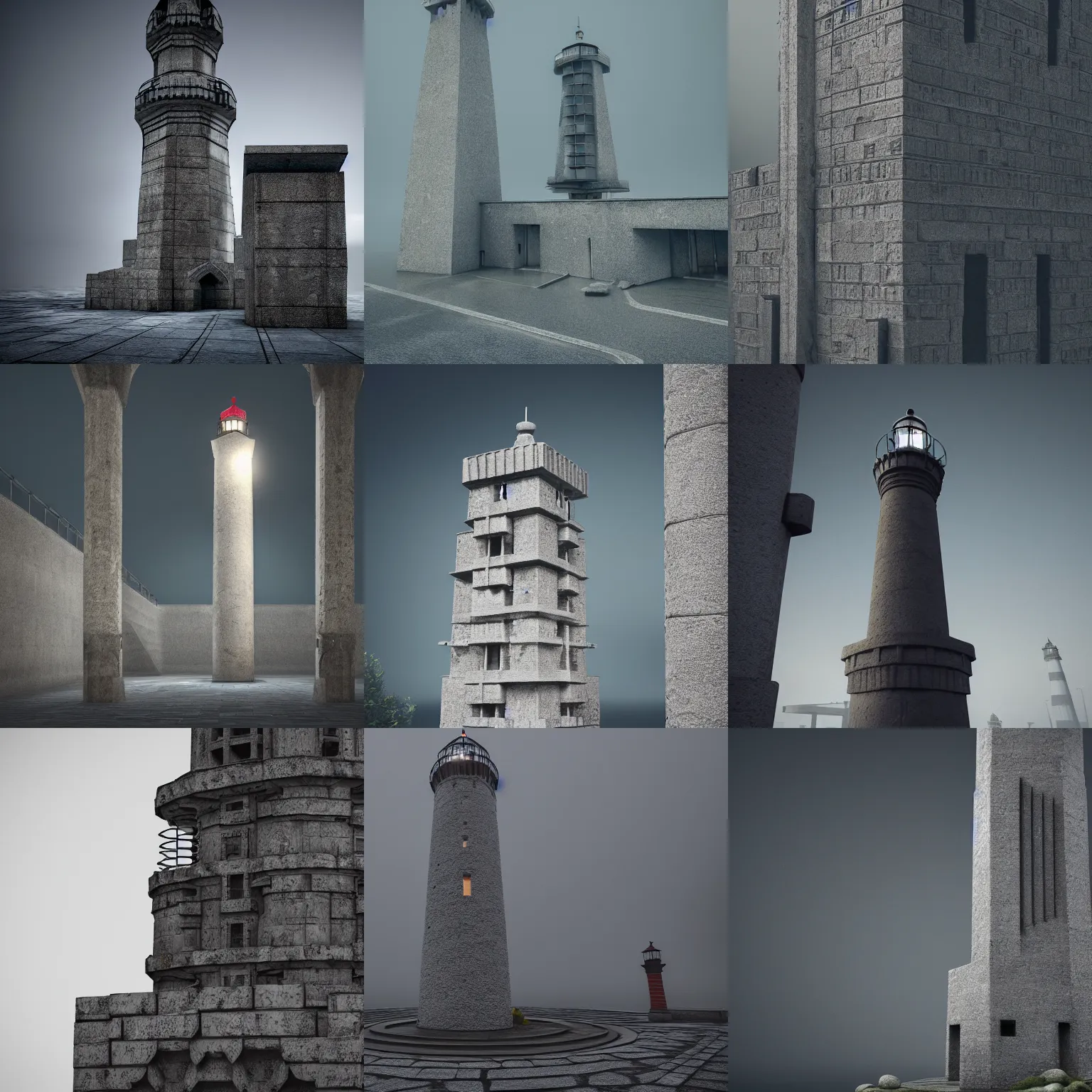 Prompt: detailed intricate lighthouse, made of stone and concrete, brutalism style, dark and misty, full shot, full height, 8K octane render