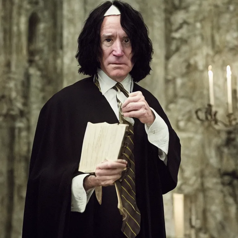 Prompt: Joe Biden as Severus Snape in Harry Potter, film still