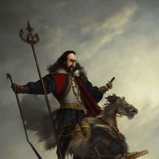 Image similar to Peter the Great of Russia with big narrow axe, sharp focus, fantasy style, octane render, volumetric lighting, 8k high definition, by greg rutkowski, highly detailed, trending on art Station