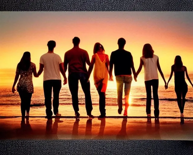 Prompt: sunset that looks like the cast of friends. cheesy dorm room poster