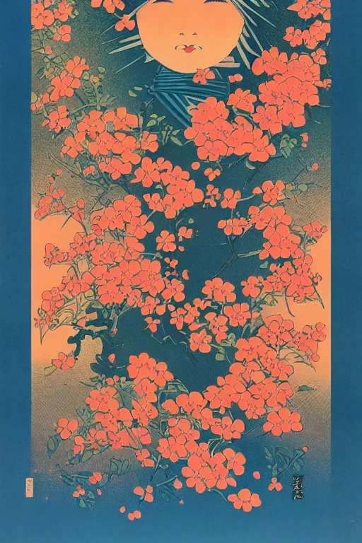 Prompt: Beautiful vintage Japanese poster representing the mind as flowers, 10% surreal, risograph poster, beautiful colors, deep meaning, Intricate image, moving