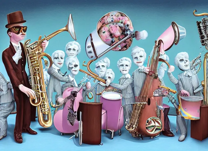 Image similar to the ice cream jazz band, lowbrow, matte painting, 3 - d highly detailed, in the style of mark ryden,