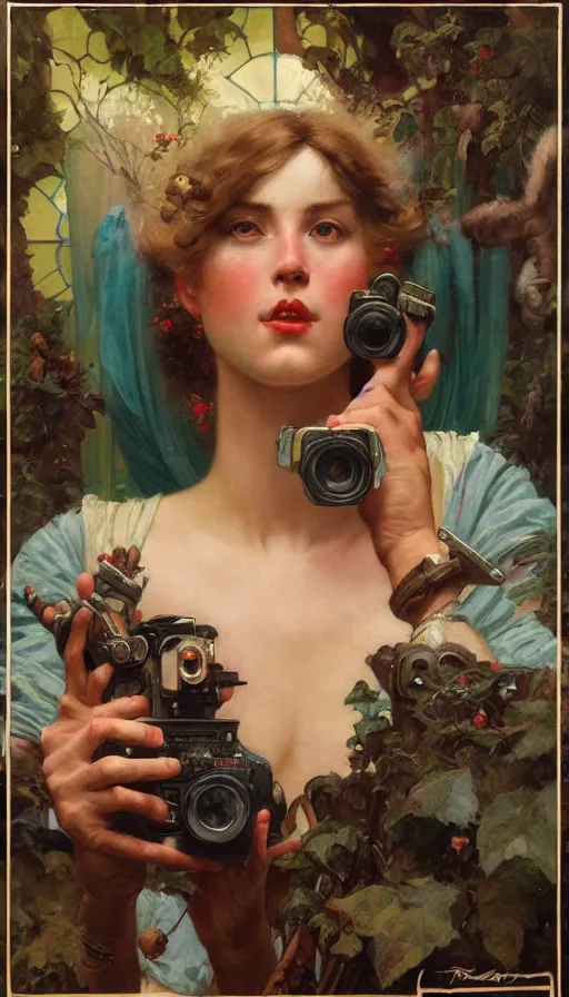 Prompt: hyper realistic photographer looking through camera, magical, painted by james gurney, norman rockwell, tom bagshaw, mucha, gaston bussiere, craig mullins, j. c. leyendecker 8 k
