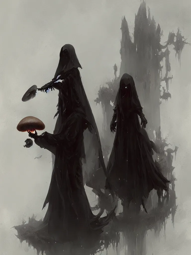 Image similar to the grim reaper stealing the soul from a humanoid mushroom. Dark fantasy art by Greg rutkowski. Trending on artstation