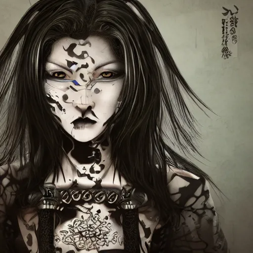 Image similar to japanese gothic model with maximalist hair style and kanji tattoos, dark colors, fashion model, portrait shot, depth of field, 8 k, hyper detailed, intricate, trending on artstation