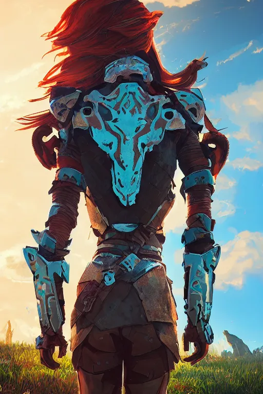 Image similar to combination suit armor aloy horizon forbidden west horizon zero dawn radiating a glowing aura global illumination ray tracing hdr fanart arstation by ian pesty and alena aenami artworks in 4 k tribal robot ninja mask helmet backpack