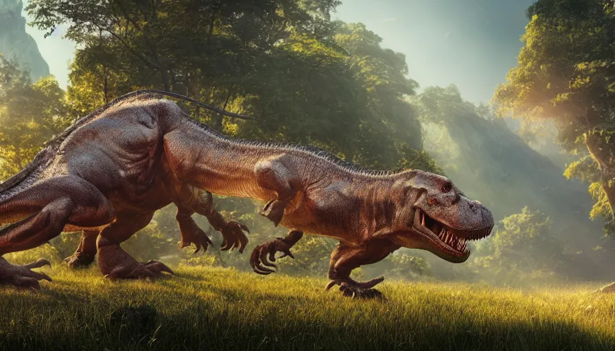 Image similar to hyper realistic highly detailed nature photography of a trex, tyrannosaurus rex, prehistoric planet, volumetric lighting, octane render, 4 k resolution, golden hour