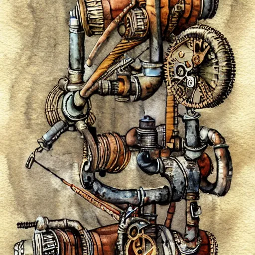 Image similar to steampunk scene of pipes valves watercolor