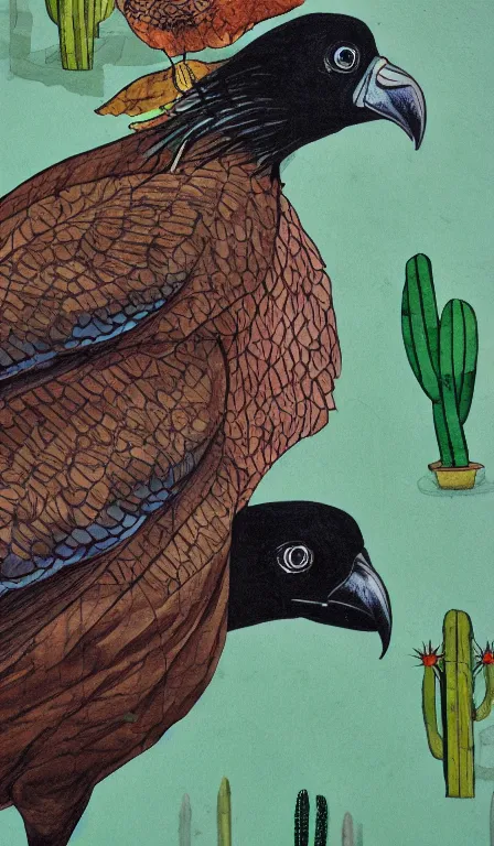 Prompt: close up of turkey vulture sitting on cactus by Shen Quan, hanging scroll, ink and colours on silk