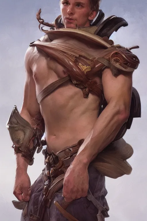 Image similar to Young man, no beard, muscular upper body, D&D, fantasy, realistic physic, accurate hyper-realistic body, elegant, highly detailed, digital painting, artstation, concept art, smooth, sharp focus, illustration, art by artgerm and greg rutkowski and alphonse mucha