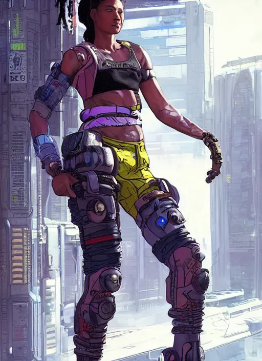 Prompt: sonya. apex legends cyberpunk weight lifter. concept art by james gurney and mœbius. cinematic, dramatic lighting ( cyberpunk 2 0 7 7 ), clean aesthetic