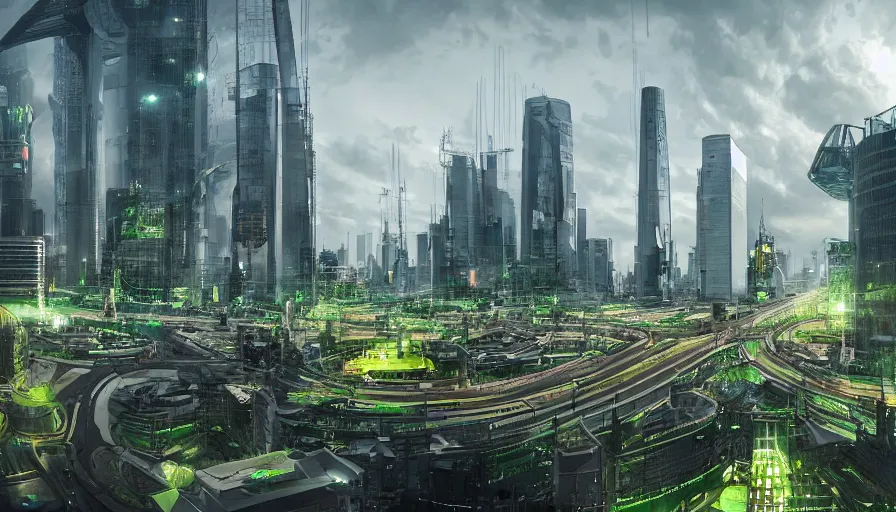 Image similar to futuristic berlin with green giant alley to reichstag building in the distance, panorama view, hyperdetailed, artstation, cgsociety, 8 k