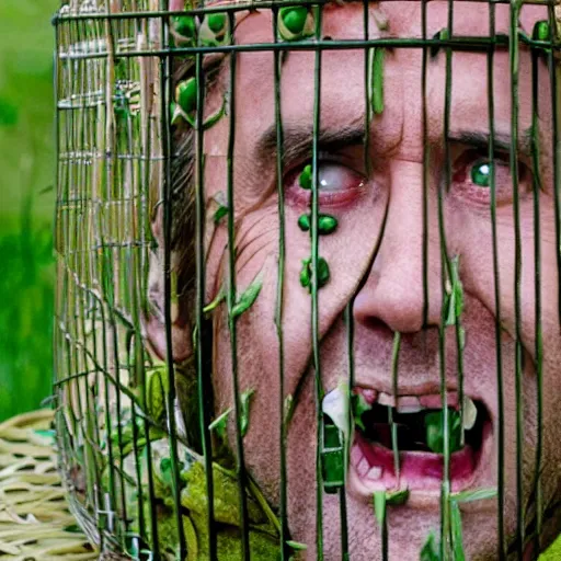 Image similar to nicolas cage trapped in a wicker cage with peas on his face, screaming, movie still, hdr