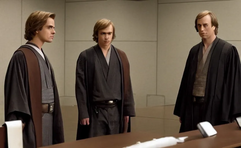 Prompt: anakin skywalker played by hayden christensen wearing jedi robes is talking to a lawyer saul goodman played by bob odenkirk wearing a suit in court, better call saul court scene 1 0 8 0 p, jimmy mcgill in court, court session images, realistic faces