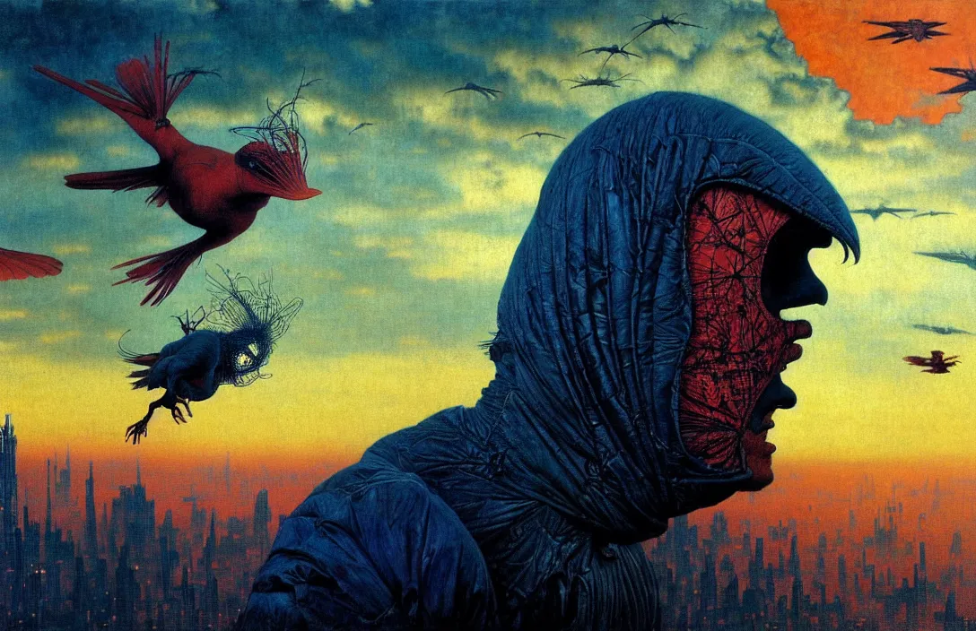 Image similar to realistic detailed portrait movie shot of a birdman flying in dark ragged robes, futuristic city sunset landscape background by denis villeneuve, amano, yves tanguy, alphonse mucha, ernst haeckel, max ernst, wayne barlowe, masterpiece, rich moody colours, bird head, blue eyes, hyperdetailed