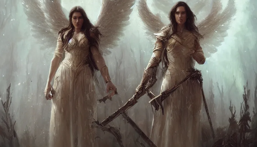 Prompt: A beautiful detailed painting of jennifer connelly as a female angel warrior reigns on a magical forest by greg rutkowski and Kalin Popov , Trending on artstation HD.