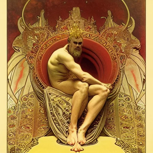 Image similar to greg davies sits on his throne as ruler of hell, oil on canvas, by alphonse mucha, gustave dore, zdzislaw beksinski