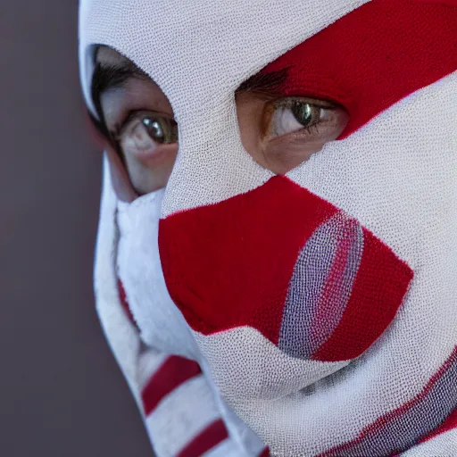 Prompt: portrait of a person wearing featureless white mask, wearing red and white stripes hoddie