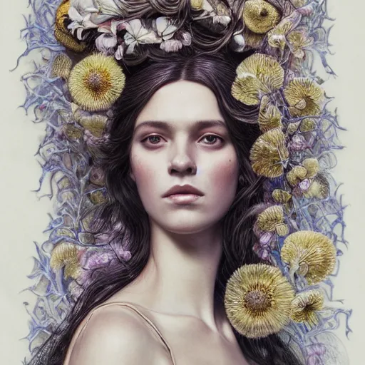 Prompt: portrait of a young pretty woman in flowing dress, arrogant, mysterious, long fine flowing hair, delicate, looking at camera, realistic face, intricate, stylish, elegant, grimdark, flowers, extremely detailed photograph by Martine Johanna and Ernst Haeckel and Greg Rutkowski