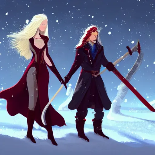 Image similar to A woman and a man are standing in the snow, the woman is leaning against the man, the man has long red hair, the woman has blonde long hair, the man has a red thick sword, the woman has a thin, long sword, a tree almost fully covered in bulky snow, concept art by Fabien Charuau, trending on pixiv, fantasy art, official art, wiccan, concept art, 4k, sharp details