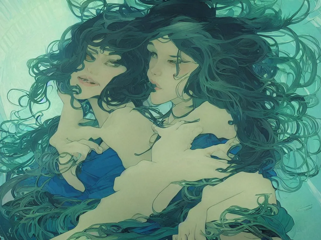 Image similar to blue and green waves, artstation, concept art, smooth, sharp focus, illustration, art by alphonse mucha and tian zi and WLOP