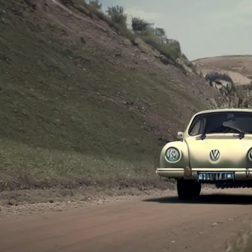 Prompt: promotion movie still of a ( volkswagen beatle ) racing down a dusty back road. cinematic, 4 k, imax, 7 0 mm