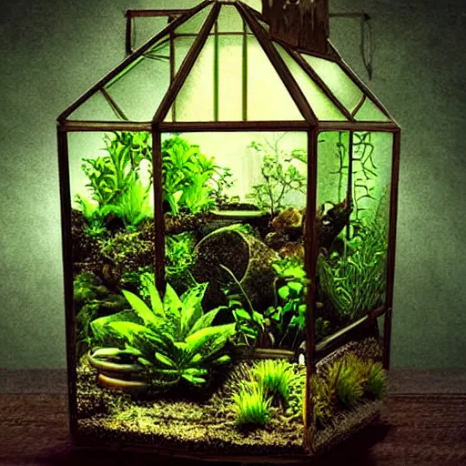 Image similar to glowing terrarium with plants inside digital art scary gothic mysterious