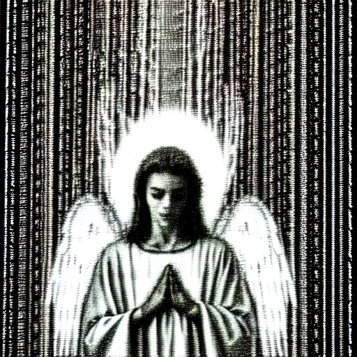 Image similar to vhs static overlay of sign of the cross, angel apparitions, vhs, 1 9 9 0, highly realistic, highly detailed, vhs noise static, black and white, vhs glitch