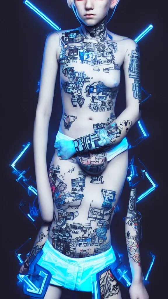 Image similar to full body shot of young woman punk dressed in cyberpunk clothing, soft blue light, by rineke dijkstra and artgerm, intricate details, highly detailed, sharp focus, masterpiece, 8 5 mm