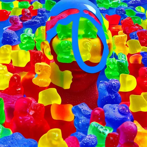 Image similar to a realistic human head sculpture made out of tons of gummy bears on the surface of the ocean, giant sculpture, in the style of chad knight, long shot, hyper detailed, hyper realistic, ray tracing, 8 k resolution, sharp focus, realistic water, award winning