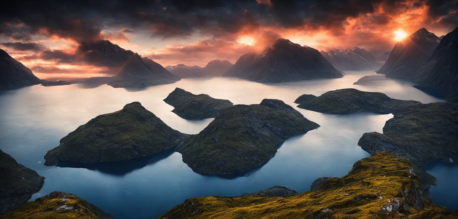 Image similar to amazing landscape photo of fjord in sunset by max rive, beautiful dramatic lighting