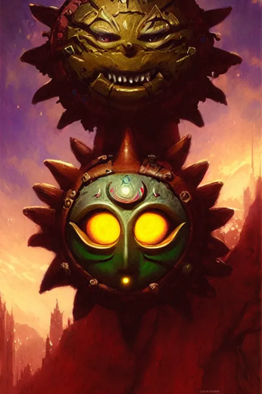 Image similar to majora's mask as a magic the gathering card portrait dnd, painting by gaston bussiere, craig mullins, greg rutkowski, yoji shinkawa