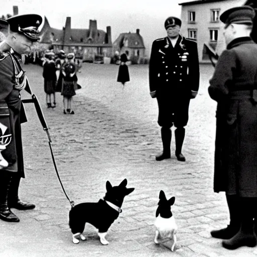 Image similar to ultra wide 1 9 4 6 blurry historical photo of a single german general bowing to a young queen elizabeth in a french village, her corgis are next to her highly detailed, sharp focus